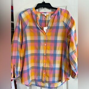 Colorful Plaid Button-Up Tie Sleeve Women's Top
